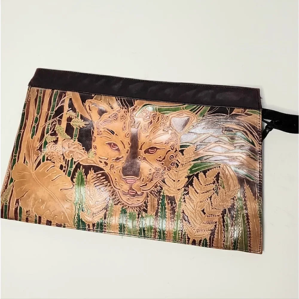Valerie African safari themed clutch tiger leather